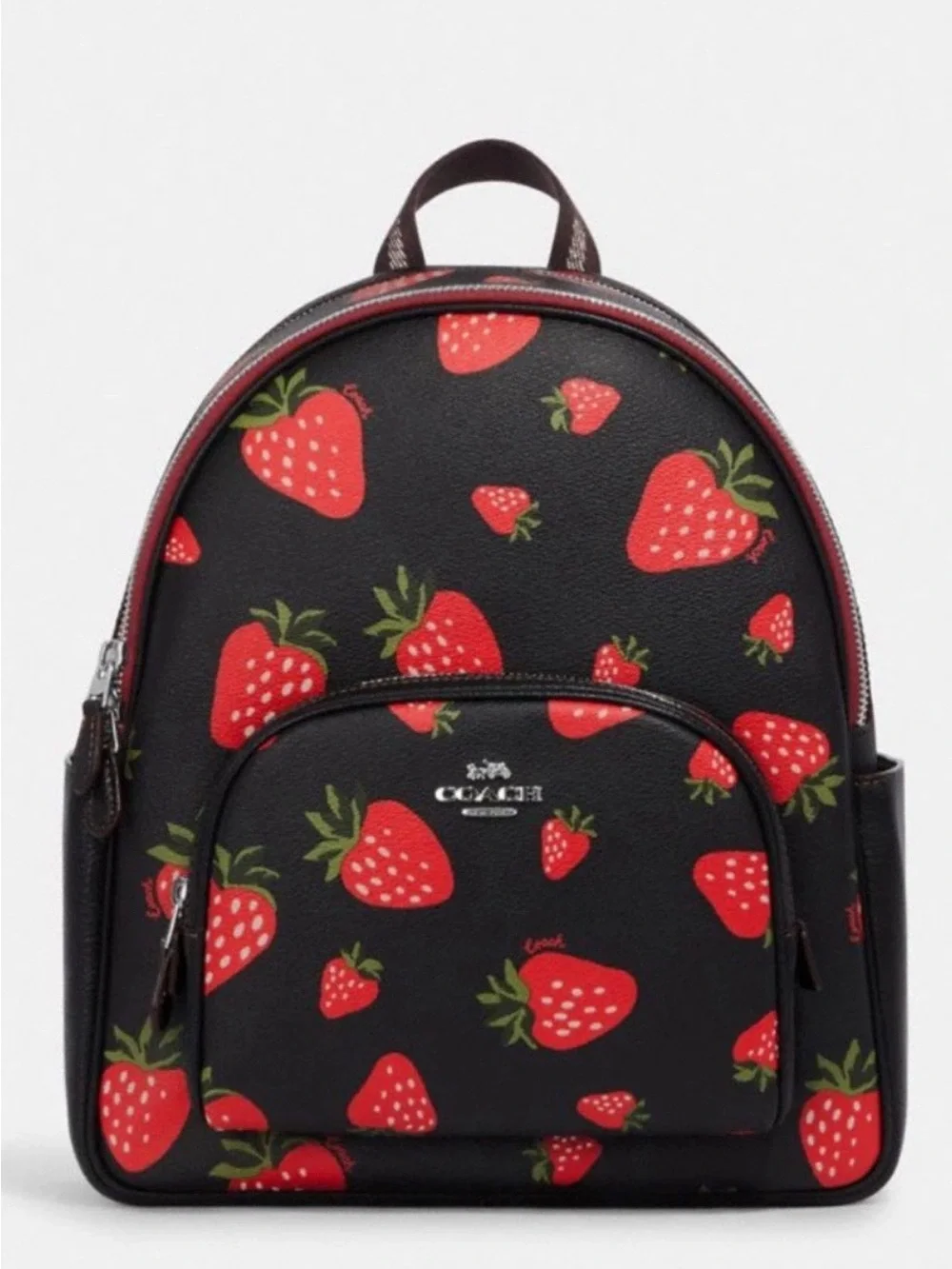 Coach Black Mini Backpack with Red Strawberry Print